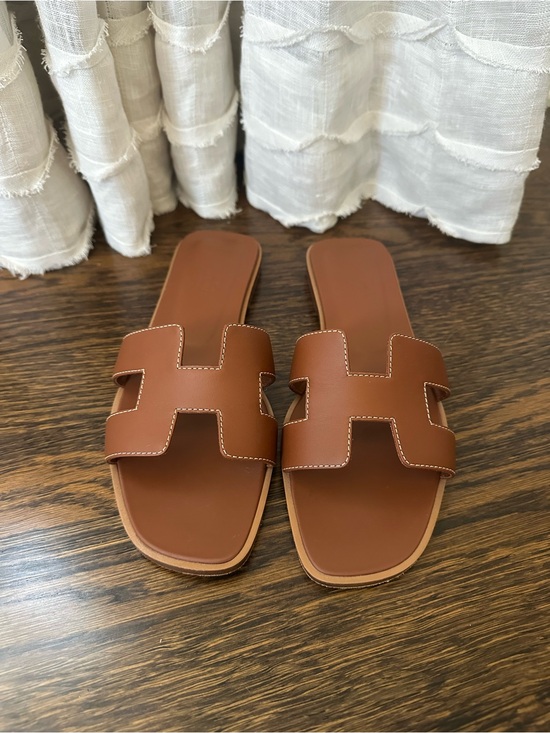 Hermes Shoes - Hermes Cognac Brown Oran Slide Sandals